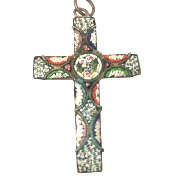 VINTAGE Italian Mosaic Glass Women Cross Pendant Millefiori Floral Religious 1.5 - Picture 3 of 7